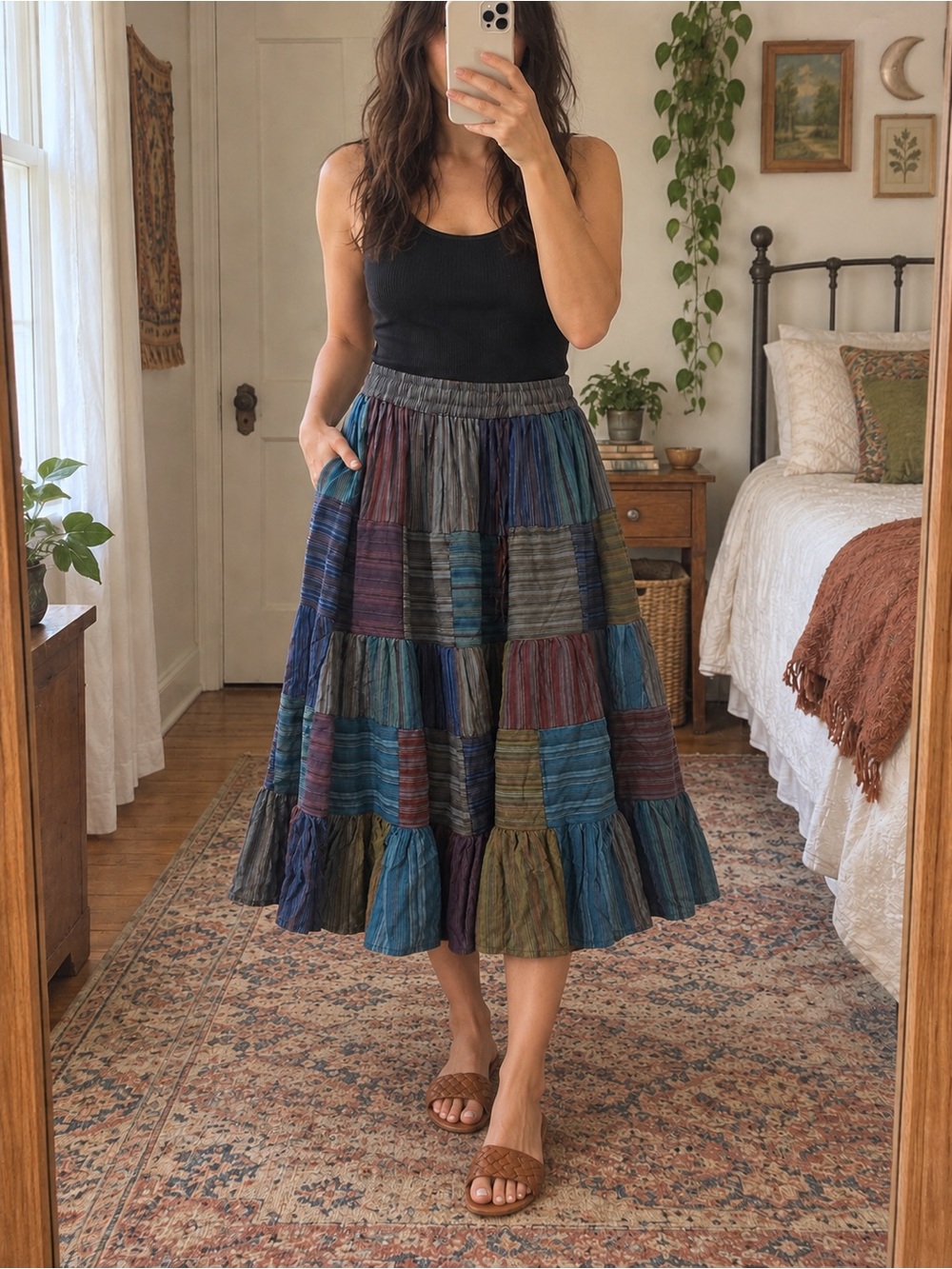 Bohemian Patchwork Midi Skirt in Multicolor
